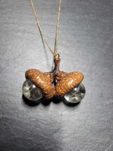 Real Double Acorn and Dandelion Necklace