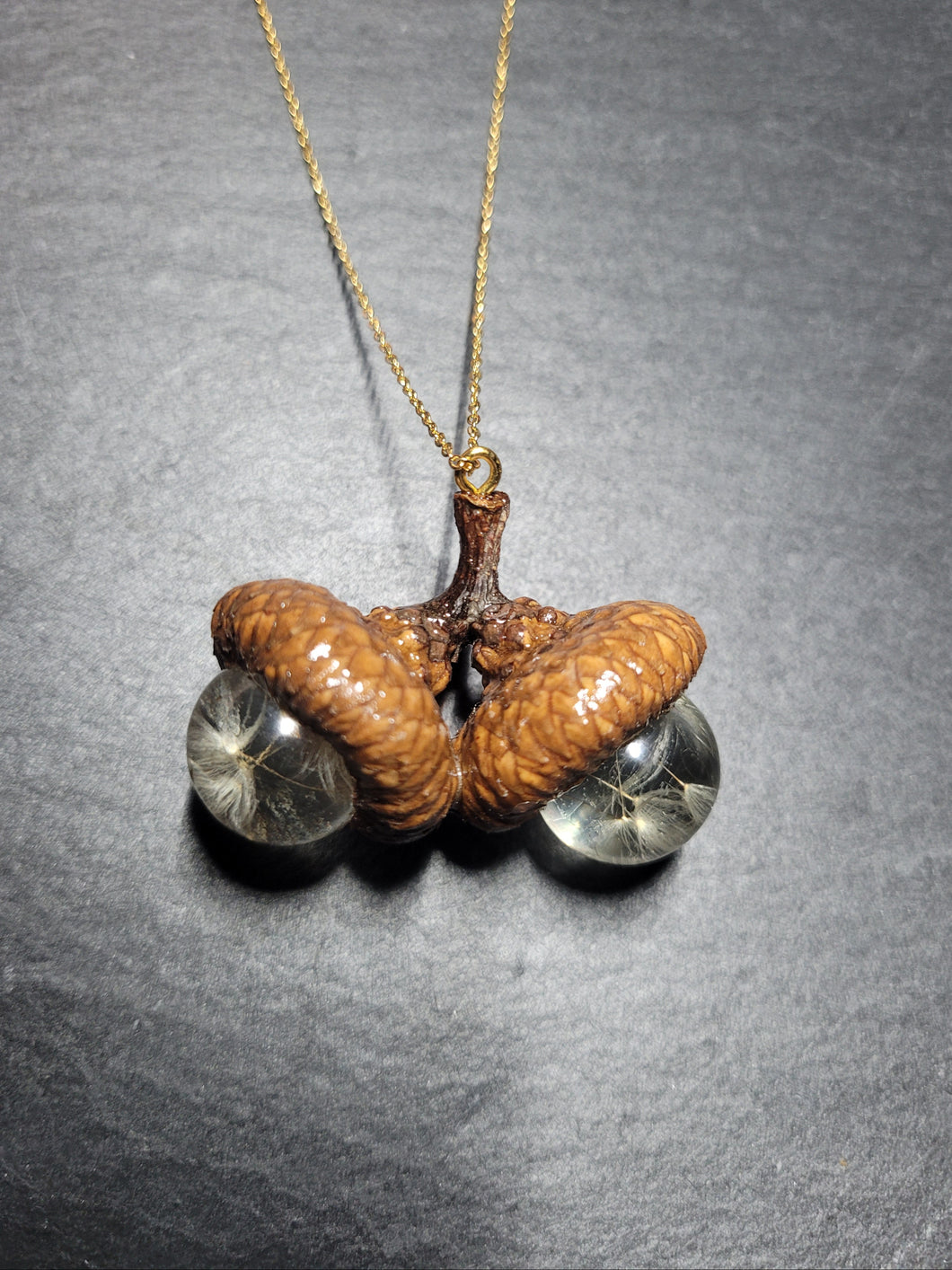 Real Double Acorn and Dandelion Necklace